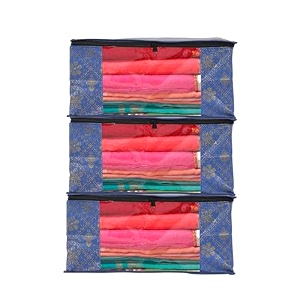 perpetual saree organizer for wardrobe -large size foldable saree covers with zip multipurpose storage bag for suit lehanga dress packing with transparent window pack of 3 pcs m