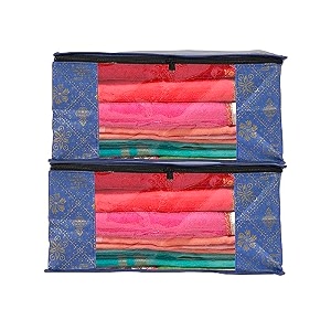 perpetual saree organizer for wardrobe -large size foldable saree covers with zip multipurpose storage bag for suit lehanga dress packing with transparent window pack of 2 pcs bluetd2m