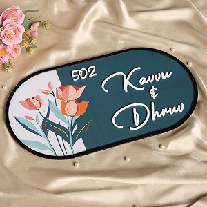 personalised name plate for home entrance outdoor  house name board  38x20 cm  floral design  sage green and coral  weather-resistant  nd-03