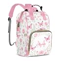 Personalized Diaper Bag Backpack for Mom Large Waterproof Custom Baby Bag for Girls with Name Cute Butterfly Floral Print Daypack Multifunctional Customized Nappy Bag with Thermal Pockets