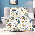 Personalized Dinosaurs Construction Trucks Blanket Gift for Boy Girl