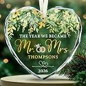 Personalized Glass Heart Ornament – Custom Mr and Mrs Wedding Date Decoration, First Christmas Married Ornament 2026, Newlywed Anniversary Keepsake, Marriage Christmas Ornaments Gift for Couples
