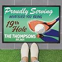 Personalized Golf Doormat – Retro 19th Hole Welcome Mat with Custom Family Name &amp; Year – Proudly Serving Whatever You Bring – Vintage Golf Clubhouse Decor – Non-Slip Outdoor Entry Rug for Golf Lovers