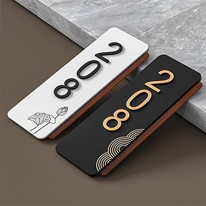 personalized name plate for home entrance  number plate for flat  and ideal for office and outdoor entrances  wooden customized house number plate  number plate for hotel  easy installation type double sided tape fixed on backside white base