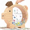 Personalized Piggy Bank, Wooden Money Banks for Kids, Custom Gifts for Boys and Girls, Personalized Piggy Bank for Girls (DK05 Wildflower)