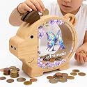Personalized Piggy Bank, Wooden Money Banks for Kids, Custom Gifts for Boys and Girls, Personalized Piggy Bank for Girls (DK04 Wildflower)