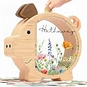 Personalized Piggy Bank, Wooden Money Banks for Kids, Custom Gifts for Boys and Girls, Personalized Piggy Bank for Girls (DK02D Wildflower)