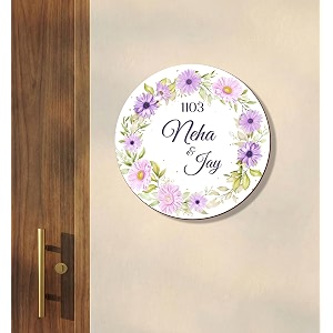 personalized round floral name plate for home entrance outdoor  custom family name board  wooden wall door name sign  name plate sign board for home amp office 30x30 cm
