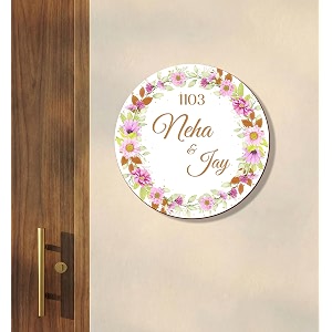 personalized round floral name plate for home entrance outdoor  custom family name board  wooden wall door name sign  name plate sign board for home amp office 30x30 cm