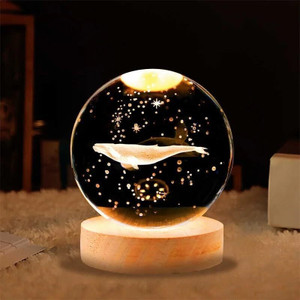 pesca whale 3d crystal ball night light with wooden base - led usb table lamp for kids night lamp 6 cm whale