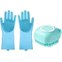 Pet Bath Grooming Gloves &amp; Brush Combo, Silicone Dog Bath Brush for Wet &amp; Dry Grooming, Massage, Loose Fur Removal &amp; Deep Cleaning for Dogs and Cats