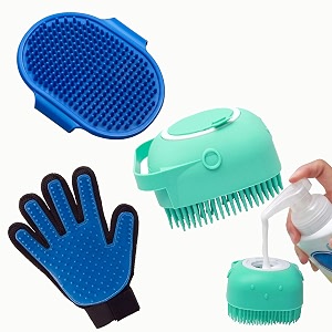 pet dog amp cat hair bath brush combo of 3 grooming accessories  soft silicon brush  rubber gloves  cleaning hand brush color may varypack of 3