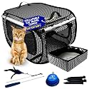 Pet Fit For Life Extra Large Cat Carrier for Travel - Foldable & Portable Collapsible Kennel with Litter Box, Feather Toy & Water/Food Bowl - Ideal for Cars, Long Trips & Indoor Cats - Black Checkers