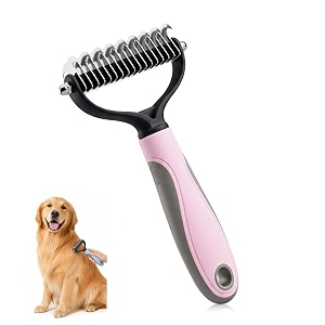 pet grooming undercoat rake comb for dogs amp cats  stainless steel dematting amp deshedding tool  rounded blade tips  anti-slip handle  removes loose hair mats amp tangles pink