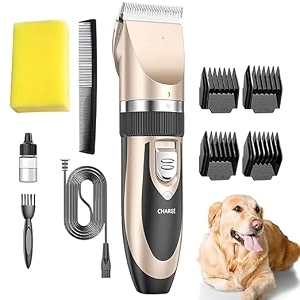 pet hair trimmer for dogs amp cats  cordless rechargeable grooming clipper kit low-noise 4 comb guides for thick fur