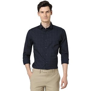 Peter England Mens Cotton Checkered Regular Fit