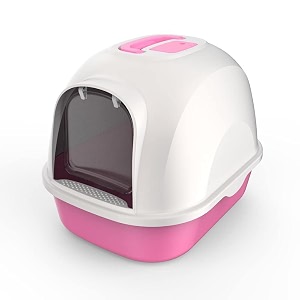 petgains pgaa hooded cat litter tray  integrally moulded clips handle and swing door size  53  41  41 cm - pink color