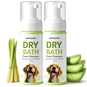 petroyale dry bath foam shampoo for dogs - gentle and natural cleansing-tick flea amp itch relief - waterless foam shampoo for dog- with lemongrass and aloe vera - for all breeds  150ml pack of 2