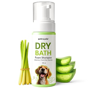 petroyale dry bath foam shampoo for dogs - gentle and natural cleansing-tick flea amp itch relief - waterless foam shampoo for dog- with lemongrass and aloe vera - for all breeds  150ml pack of 1