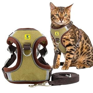 aa pets39 reflective harness amp leash set for cats puppies small dogs - escape-friendly design  night safety strips  2 leash points  suede fabric s military green