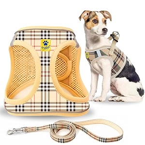 aa pets39 bur-berry checks dog harness amp leash set  adjustable padded step-in no-pull harness belt combo l