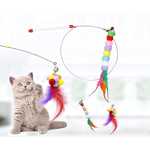 pets empire cat toy cat interactive stick with balls bells feather wand for kitten teaser catcher exercise playing fun toys single pack