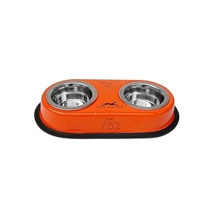 pets empire double dog amp cat bowl diners 2 x 900ml  stainless steel pet bowl anti slip mat feeding bowls with stand orange