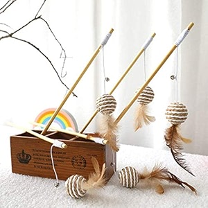 pets empire wooden cat wand  interactive feather teaser toy kitty activity stick fun catcher fishing rod for cats amp kittens