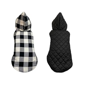 pets planet dog winter clothes reversible dog hoodie jacket plaid check black and white color design warm dog coat windproof pets cold weather wearing 3xl 24 inch-pack of 1