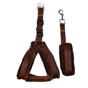 fur padded nylon dog fur harness amp dog leash medium chest size - 27-32inch brown