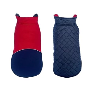 petsplanet dog winter clothes reversible dog jacket reflecator strap between red blue color design warm dog coat windproof pets cold weather wearing 5xl 28 inch