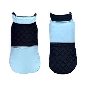 pets planet polyester dog winter clothes reversible dog jacket sky blue and black color with reflector design warm dog coat windproof pets cold weather wearing 3xl 24 inch 1 count