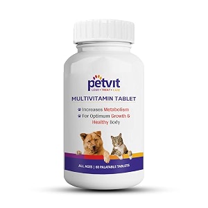 petvit multivitamin amp multimineral with 18 ingredients supplement for skin-coat joint digestion heart amp immunity for dogs amp cats - 60 palatable chewable tablets  for all age group