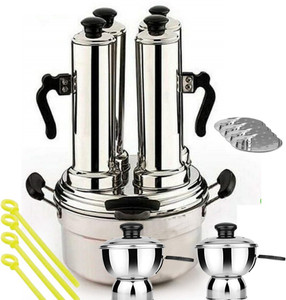 pgd puttu maker set of 4 in 1 puttu kudam 4 tubular 2 cup steamer plate plastic stick black plastic handle silver lid  bakelite knob - assembly required stainless steel steamer 4 l