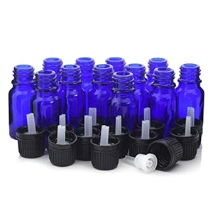 pharcos 10ml blue glass bottle with euro dropper and black tamper proof cap for homeopathy use essential oils beauty products diy refillable reusable leak proof 10ml - pack of 12