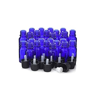pharcos 10ml blue glass bottle with euro dropper and black tamper proof cap for homeopathy use essential oils beauty products diy refillable reusable leak proof 10ml - pack of 24