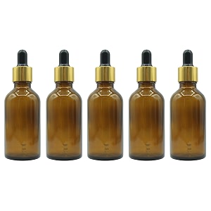 pharcos 50ml amber glass bottle with with gold ring black silicone teat dropper and plug for essential oils diy skin care multipurpose bottle for home and travel purpose amber- 5pc- 50ml