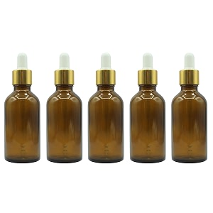 pharcos 50ml amber glass bottle with with gold ring white silicone teat dropper and plug for essential oils diy skin care multipurpose bottle for home and travel purpose amber- 5pc- 50ml