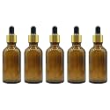 PHARCOS 50ml Amber Glass Bottle with with Gold ring, Black Silicone Teat, Dropper and Plug for Essential Oils, DIY skin care, Multipurpose Bottle for Home and Travel Purpose (Amber- 5pc- 50ml)
