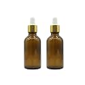 PHARCOS 50ml Amber Glass Bottle with with Gold Ring, White Silicone Teat, Dropper and Plug for Essential Oils, DIY Skin Care, Multipurpose Bottle for Home and Travel Purpose (Amber- 2pc- 50ml)