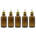 PHARCOS 50ml Amber Glass Bottle with with Gold Ring, White Silicone Teat, Dropper and Plug for Essential Oils, DIY Skin Care, Multipurpose Bottle for Home and Travel Purpose (Amber- 5pc- 50ml)