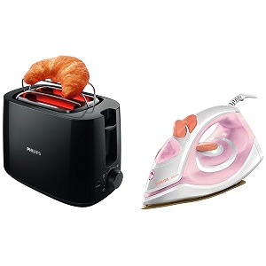 philips daily collection hd258390 600-watt 2 in 1 toaster and grill black amp philips gc192028 1440-watt non-stick soleplate steam iron