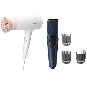 philips hair dryer bhd30830 1600watt thermoprotect airflower 3 heat amp speed settings for quick drying amp bt123215 skin-friendly beard trimmer - durapower technology blue