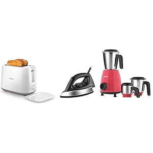 philips gc181 heavy weight 1000-watt dry iron amp 2 500w mixer grinder red amp hd258200 830-watt 2-slice pop-up toaster white