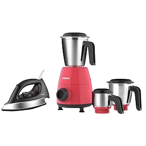 philips gc1818 heavyweight dry iron 1000w black non-stick soleplate ergonomic grip and philips hl750502 mixer grinder 500w red with endura motor 3 leak-proof jars