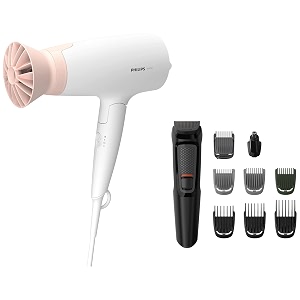 philips hair dryer bhd30830 1600 watts thermoprotect airflower 3 heat amp speed settings for quick drying amp multi grooming kit mg371065 9-in-1 new model face head and body 60 mins run time