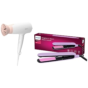 philips hair dryer bhd30830 1600 watts thermoprotect airflower 3 heat amp speed settings for quick drying amp bhs39340 straightener with silkprotect technology white
