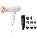 PHILIPS Hair Dryer Bhd308/30 1600 Watts Thermoprotect Airflower, 3 Heat &amp; Speed Settings For Quick Drying &amp; Multi Grooming Kit Mg3710/65, 9-In-1 (New Model), Face, Head And Body, 60 Mins Run Time