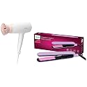 PHILIPS Hair Dryer Bhd308/30 1600 Watts Thermoprotect Airflower, 3 Heat &amp; Speed Settings For Quick Drying &amp; Bhs393/40 Straightener With Silkprotect Technology, White