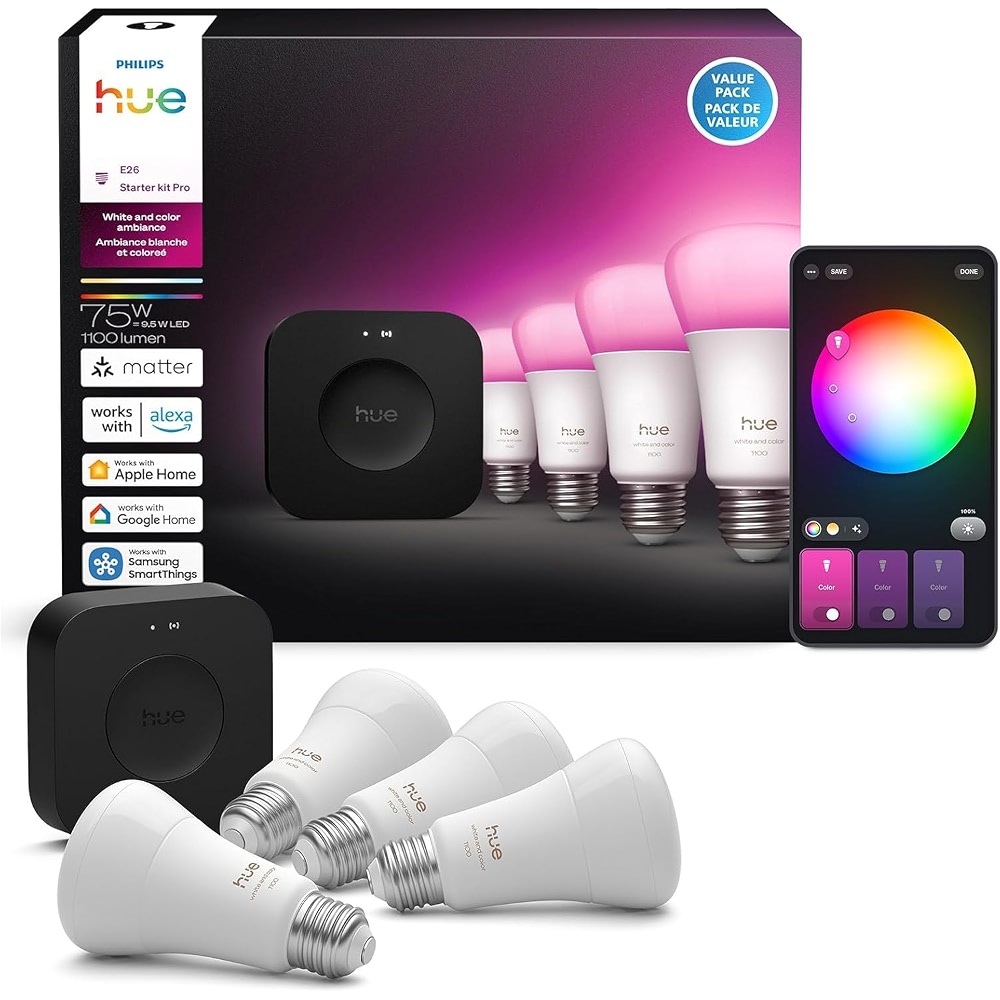Philips Hue Starter Kit: Bridge Pro + 4 A19 E26 Smart Bulbs, White ...